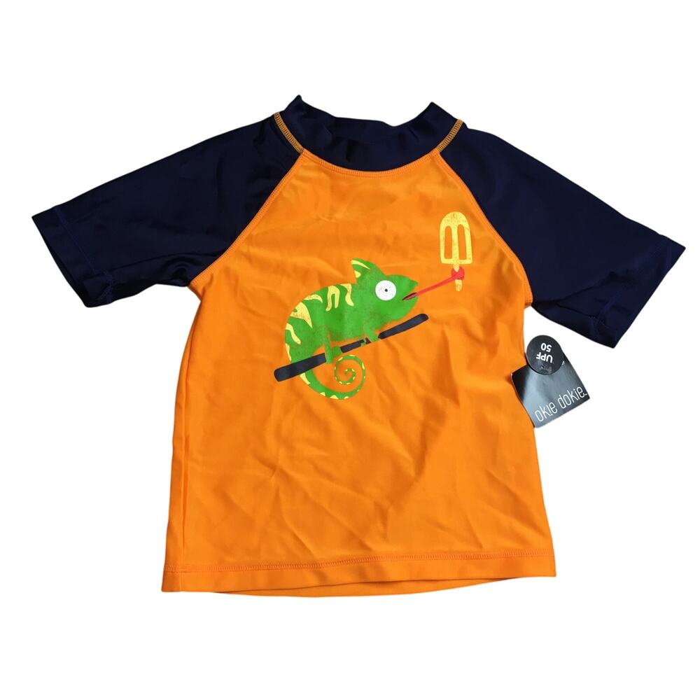 NWT Okie Dokie Chameleon Popsicle Stick Orange Navy UPF 50 Toddler Boy Swim Top